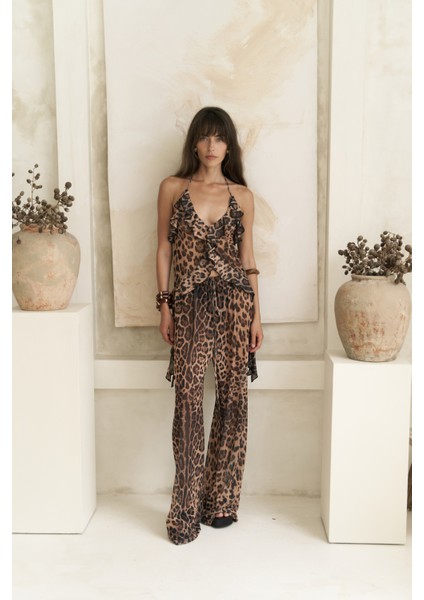 Sulliven Fırfır Detay Leopar Desen Crop Pantolon Takım fiyatları