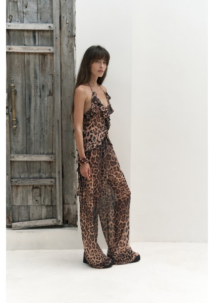 Sulliven Fırfır Detay Leopar Desen Crop Pantolon Takım modelleri