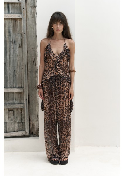Sulliven Fırfır Detay Leopar Desen Crop Pantolon Takım indirimleri