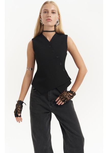 Trappe Siyah Asimetrik Yelek