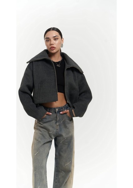 Maine Dökümlü Yaka Antrasit Kısa Ceket