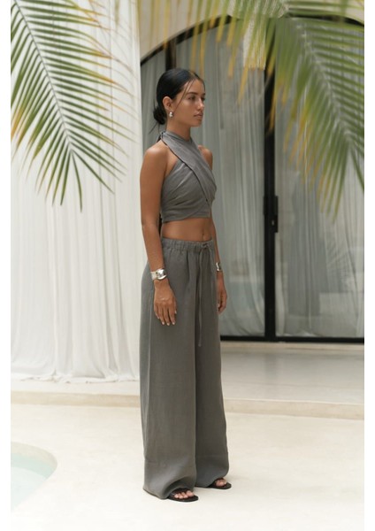 Moira Antrasit Keten Crop Pantolon Takım modelleri