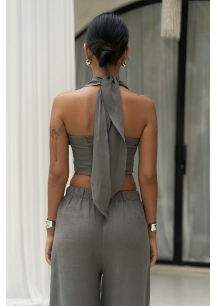 Moira Antrasit Keten Crop Pantolon Takım indirimleri