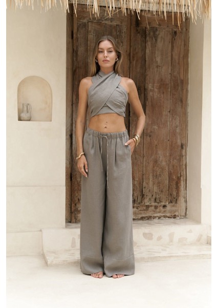 Moira Füme Keten Crop Pantolon Takım modelleri