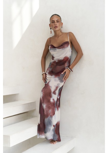 Chomhan Askılı Degaje Bordo Uzun Elbise