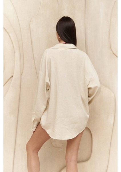 Charlotte Ekru Oversize Keten Gömlek modelleri