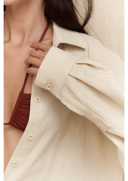 Charlotte Ekru Oversize Keten Gömlek fırsatları