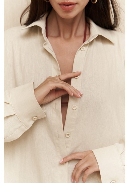 Charlotte Ekru Oversize Keten Gömlek indirimleri