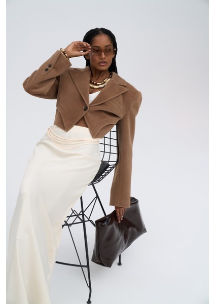 Muirnas Askı Detay Ekru Uzun Saten Etek