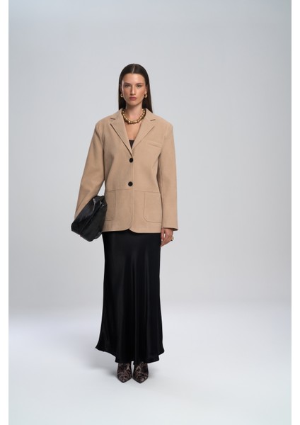 Muirnas Askı Detay Siyah Uzun Saten Etek