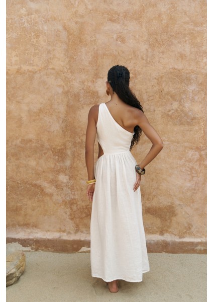 Mharia Asimetrik Detay Beyaz Uzun Keten Elbise fırsatları
