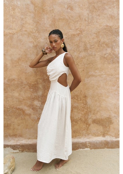 Mharia Asimetrik Detay Beyaz Uzun Keten Elbise indirimleri