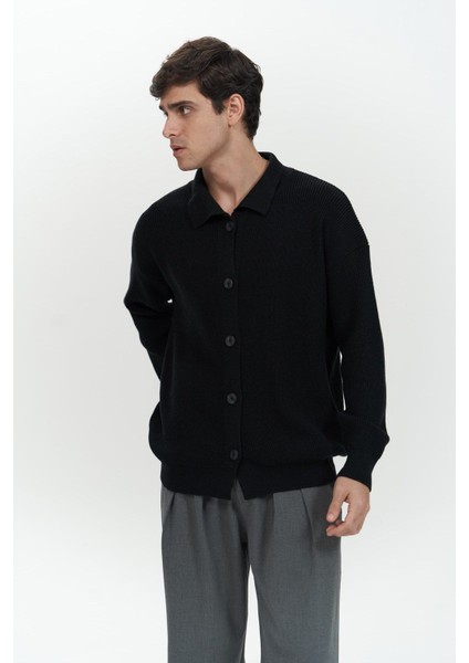 Bastian Düğme Detay Siyah Erkek Triko Hırka