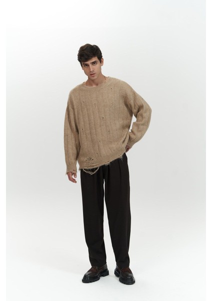 Vincent Yırtık Detay Vizon Erkek Triko Kazak