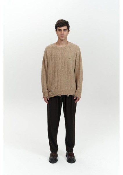 Vincent Yırtık Detay Vizon Erkek Triko Kazak fiyatları