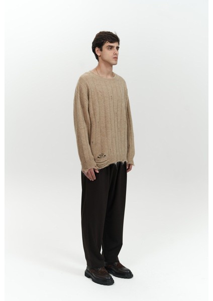 Vincent Yırtık Detay Vizon Erkek Triko Kazak modelleri