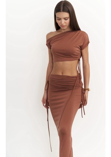 Ivan Büzgülü Kahve Crop Etek Takım fiyatları