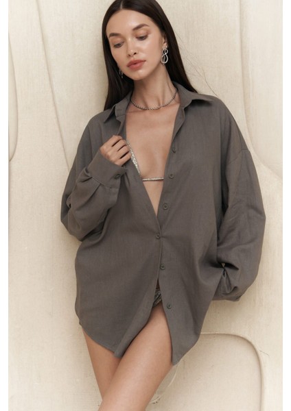 Charlotte Antrasit Oversize Keten Gömlek modelleri