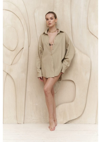Charlotte Bej Oversize Keten Gömlek modelleri