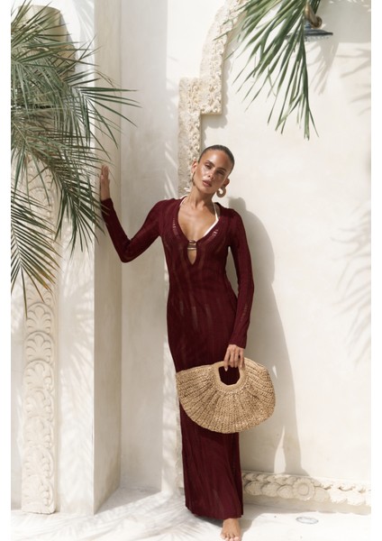 Anandra Boncuk Detay Bordo Triko Uzun Elbise