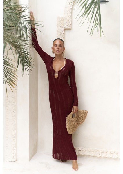 Anandra Boncuk Detay Bordo Triko Uzun Elbise fiyatları