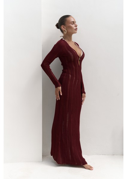 Anandra Boncuk Detay Bordo Triko Uzun Elbise fırsatları