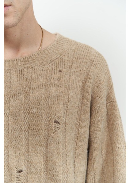 Vincent Yırtık Detay Vizon Erkek Triko Kazak indirimleri