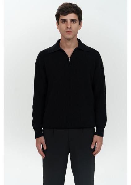 Oberon Polo Yaka Yarım Fermuarlı Siyah Erkek Triko Kazak fiyatları