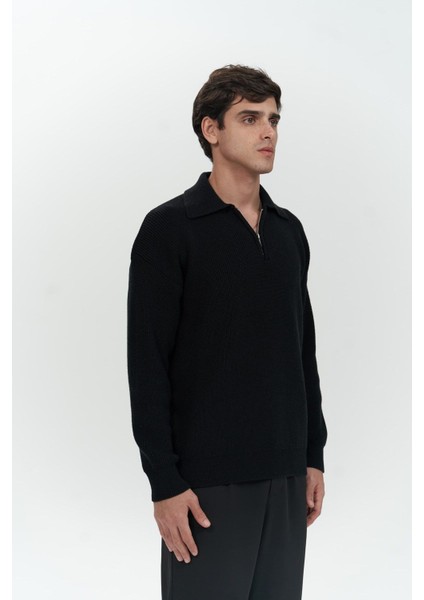 Oberon Polo Yaka Yarım Fermuarlı Siyah Erkek Triko Kazak modelleri