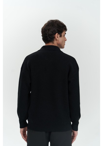 Oberon Polo Yaka Yarım Fermuarlı Siyah Erkek Triko Kazak fırsatları