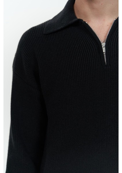 Oberon Polo Yaka Yarım Fermuarlı Siyah Erkek Triko Kazak indirimleri