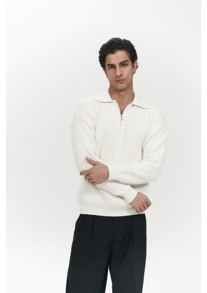 Oberon Polo Yaka Yarım Fermuarlı Ekru Erkek Triko Kazak