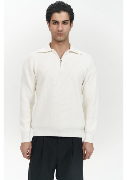Oberon Polo Yaka Yarım Fermuarlı Ekru Erkek Triko Kazak fiyatları