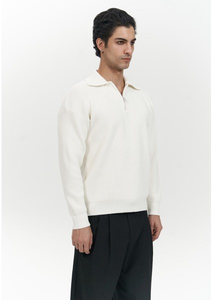 Oberon Polo Yaka Yarım Fermuarlı Ekru Erkek Triko Kazak modelleri