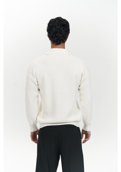 Oberon Polo Yaka Yarım Fermuarlı Ekru Erkek Triko Kazak fırsatları