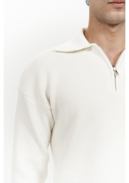 Oberon Polo Yaka Yarım Fermuarlı Ekru Erkek Triko Kazak indirimleri