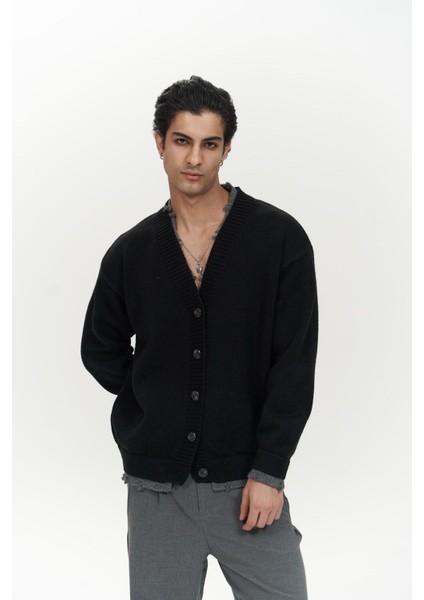 Raid Çift Yaka Siyah Erkek Triko Hırka