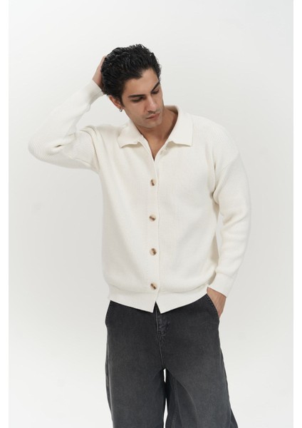 Bastian Düğme Detay Ekru Erkek Triko Hırka