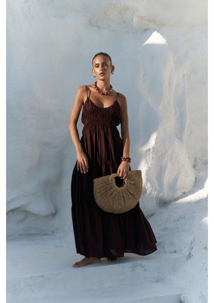 Dozza Askılı Bordo Uzun Elbise