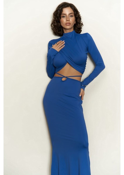 Kelsey Ip Detay Saks Mavi Crop Etek Takım