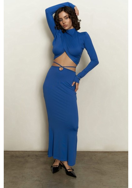 Kelsey Ip Detay Saks Mavi Crop Etek Takım modelleri