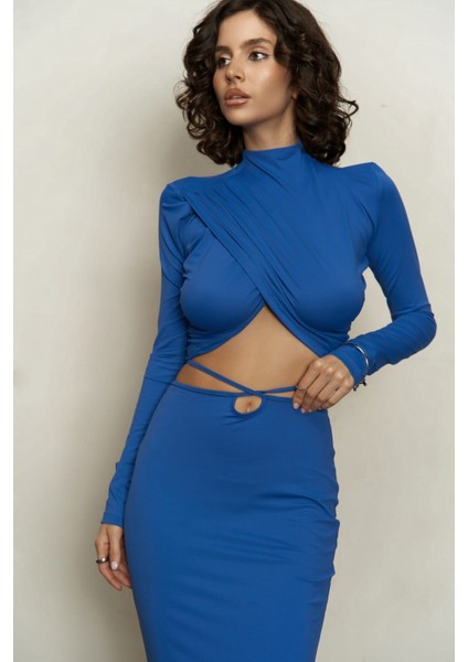 Kelsey Ip Detay Saks Mavi Crop Etek Takım indirimleri