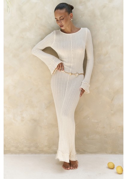 Matias Sırt Dekolteli Ekru Triko Uzun Elbise