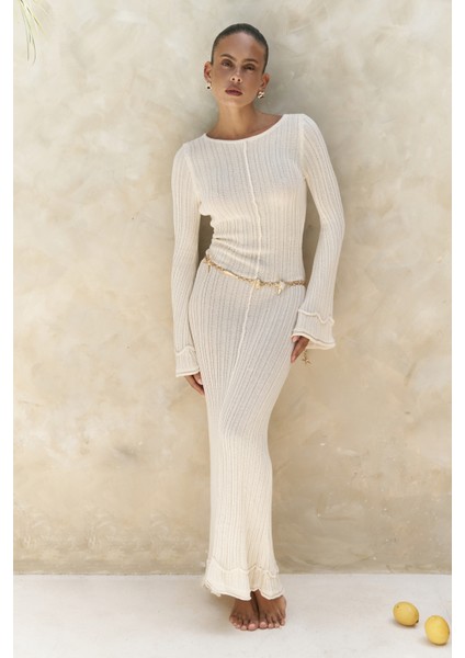 Matias Sırt Dekolteli Ekru Triko Uzun Elbise fiyatları