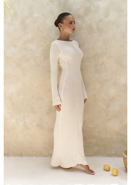 Matias Sırt Dekolteli Ekru Triko Uzun Elbise modelleri