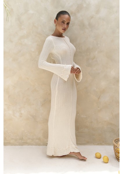 Matias Sırt Dekolteli Ekru Triko Uzun Elbise fırsatları