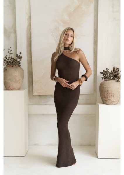Kamalas Asimetrik Triko Kahve Uzun Elbise fiyatları
