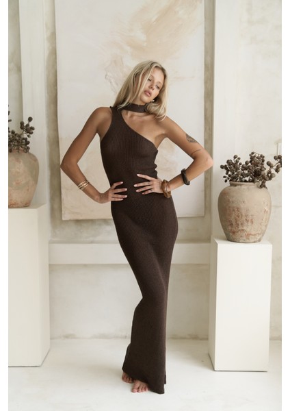 Kamalas Asimetrik Triko Kahve Uzun Elbise fırsatları