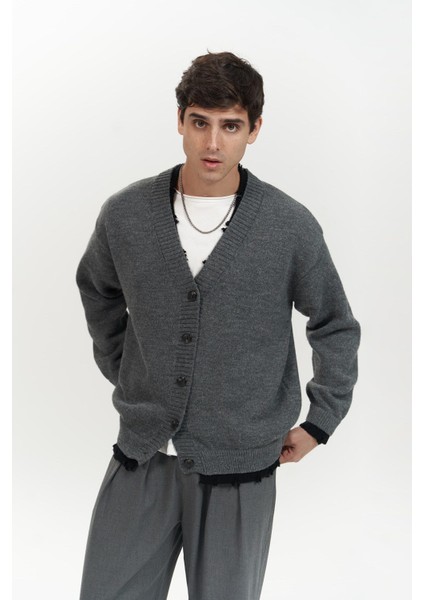 Raid Çift Yaka Füme Erkek Triko Hırka