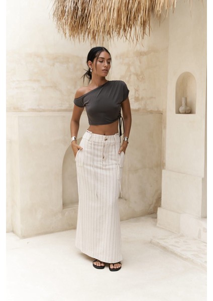 Arya Füme Çizgili Bej Etek